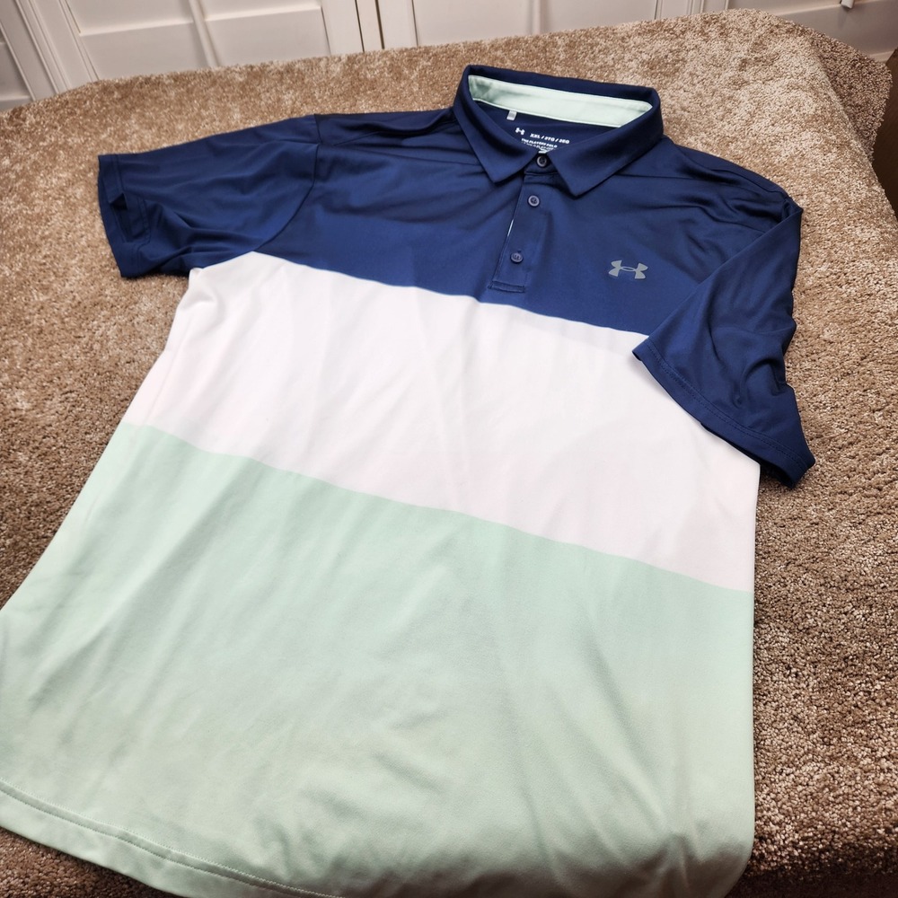 Under Armour Mens The Playoff Polo Navy Blue White Mint Green Colorblock‎ XXL